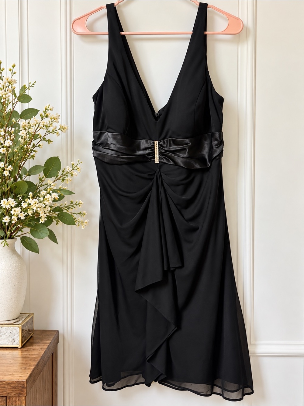 Blu Sage Black V-Neck Mini Dress with Satin Waistband and Rhinestone Accent